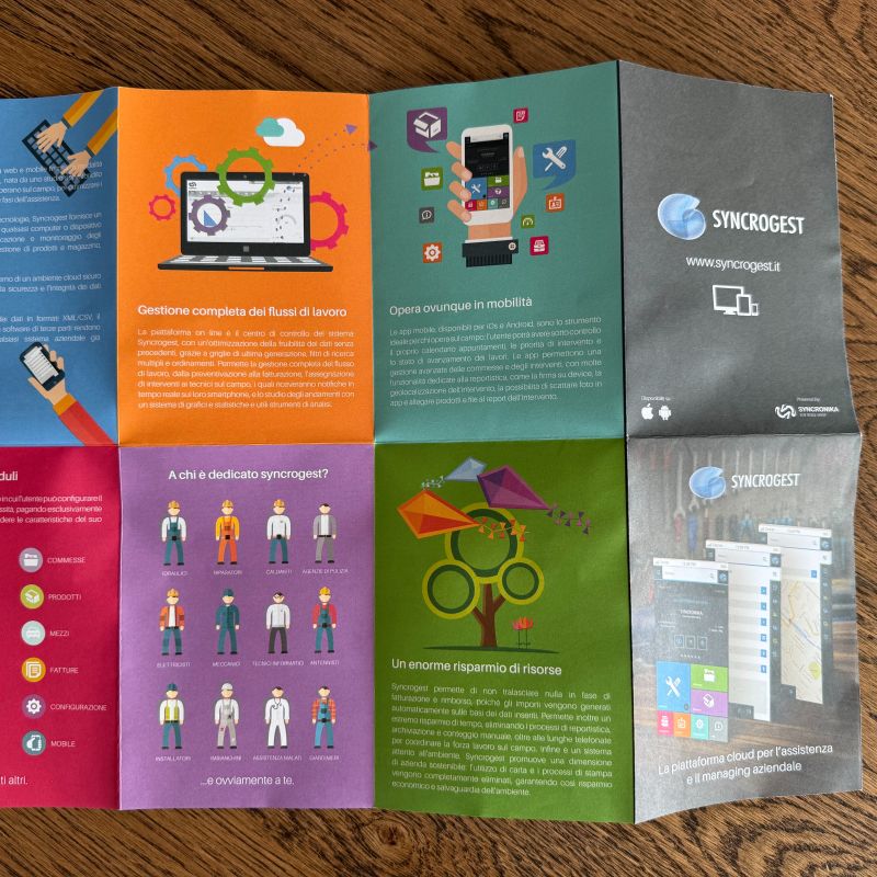 2014 Syncrogest printed brochure, multi-panel flat layout with logo and product messaging.